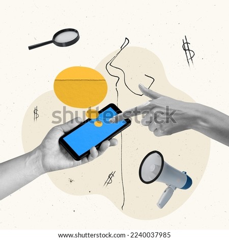 Contemporary art collage. Creative design. Online business. Human hands working with phone, information search. Concept of business, success, growth, teamwork, career development. Copy space for ad