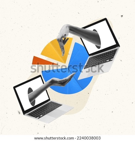 Contemporary artwork. Creative design. Hands sticking out laptop screen over analytics. Looking through graphs. Concept of business, success, growth, teamwork, career development. Copy space for ad