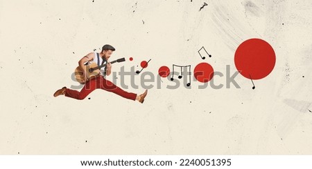Young man playing guitar, jumping, performing on light background. Modern minimal design. Conceptual contemporary art collage. Retro styled, surrealism. Concept of music, inspiration, creativity. Royalty-Free Stock Photo #2240051395