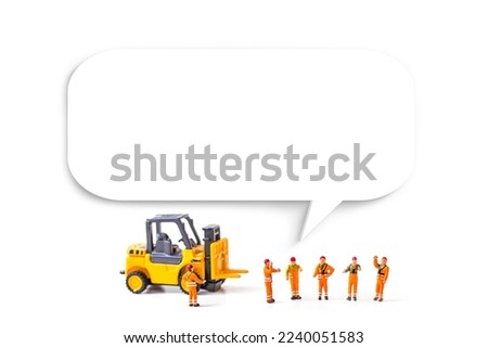 miniature workers with 3D of speak symbol on white background. 