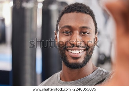 Gym, wellness and workout selfie of black man in Chicago, USA ready for healthy lifestyle exercise. Fitness, training and health club photograph of person excited for cardio session with smile.