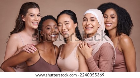 Diversity, women and beauty with skincare and portrait, smile and happy models, different and empowerment with motivation against studio background. Inclusion, equal and gender with culture and skin.