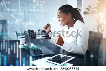 Black woman, success fist or laptop in futuristic data management, stock market trading or company investment growth. 3d abstract, technology or financial chart kpi for happy smile or cheering worker