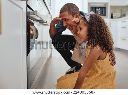 Father, girl and kitchen by oven, baking and learning together for love, bonding or happiness in family home. Dad, female child and happy black family for smile, stove and cooking at house in Chicago Royalty-Free Stock Photo #2240055687