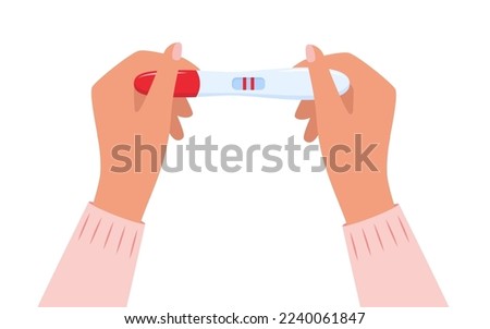 Pregnancy test with two lines in women's hands. Positive pregnancy test result. Planning a baby, motherhood, healthcare. Vector illustration Royalty-Free Stock Photo #2240061847