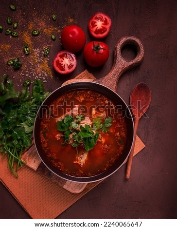 Kharcho soup, traditional Georgian dish, spicy soup, red, homemade, no people,