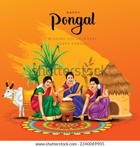 new illustration of Happy Pongal Holiday Harvest Festival of Tamil Nadu woman's making Pongal. vector background design Royalty-Free Stock Photo #2240069905