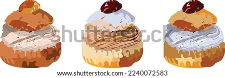 Cream puff, shu cake, a small hollow pastry typically filled with cream, hollow pastry, choux a la creme vintage illustration, scone, profiteroles with sugar decoration, cream and raisins.Holiday food