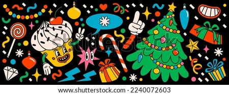 Merry Christmas and Happy New year pack of trendy retro cartoon characters. Groovy hippie Christmas stickers with Christmas tree, cupcake and winter objects. Vector Cartoon characters and elements.