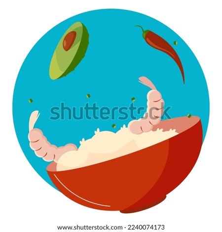 bowl with rice, shrimp, avocado and chilli, vector illustration
