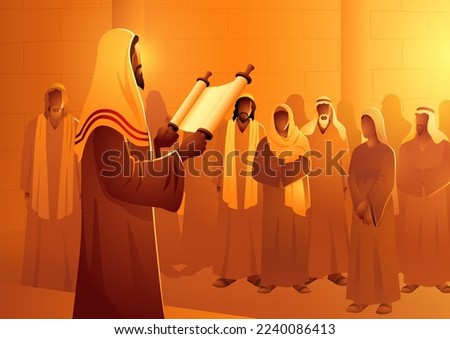 Biblical vector illustration series, Jesus reading the scroll of the prophet Isaiah Royalty-Free Stock Photo #2240086413
