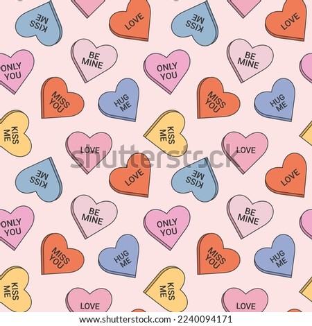 Seamless pattern in trendy retro groovy style. With valentines day elements. Candy hearts