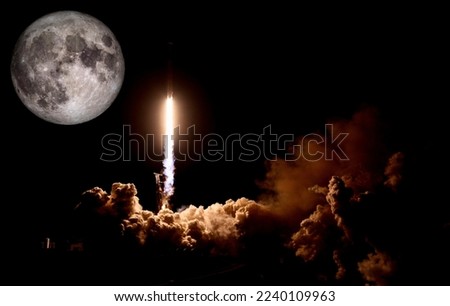 HD Moon and Rocket launch with smokes. High quality hd photo.  Earth moon and space rocket ship launch. "Elements of this Image Furnished by NASA".