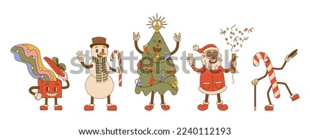 Groovy hippie christmas characters in trendy cartoon style.