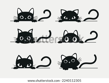 Set of black cats looking out the window. Collection of cartoon cats isolated