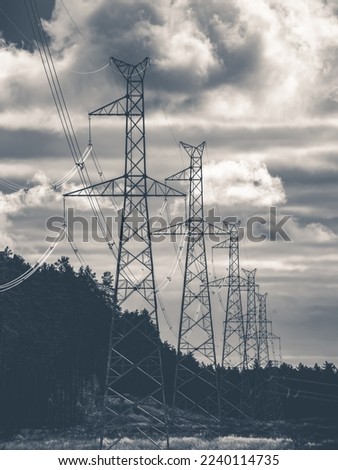 High voltage electricity power line towers near forest. Cloudy sky.