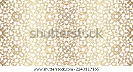 Islamic seamless pattern. Repeating gold arabesque background. Repeated morocco golden motif for design prints. Repeat arabian texture. Arab ornate girih patern. Ornament stars. Vector illustration Royalty-Free Stock Photo #2240117165
