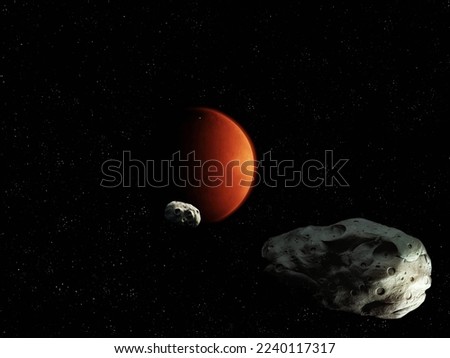 View of Mars from afar. Rocky red planet and large asteroids in deep space. The planet of the solar system has satellites asteroids. Royalty-Free Stock Photo #2240117317