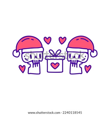 Funny skulls with Santa hat and gift boxes doodle art, illustration for t-shirt, sticker, or apparel merchandise. With modern pop and kawaii style.