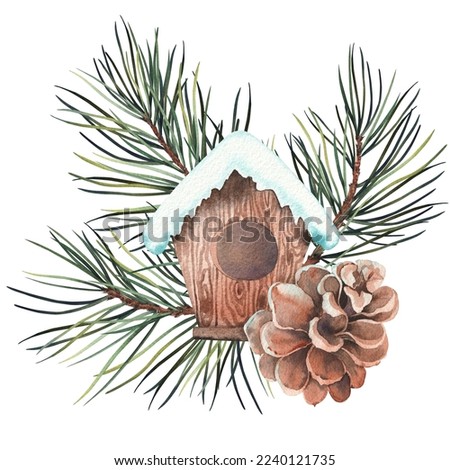 Christmas arrangement with pine branches, cone and bird house. Watercolor illustration isolated on white background.
