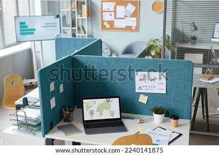High angle view at office interior with workplaces separated by partition walls in neutral blue tones, copy space Royalty-Free Stock Photo #2240141875