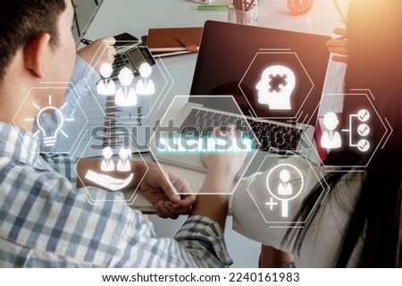 Business onboarding concept, Business team analyzing income and using laptop computer with onbaording icon on virtual screen background, Organizational, socialization. Royalty-Free Stock Photo #2240161983