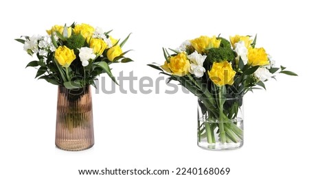 Bouquets with beautiful tulip flowers in glass vases on white background. Banner design