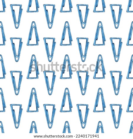 Watercolor illustration of a pattern of blue triangular paper clips. Collection of office tools. School supplies "Back to school". Suitable for posters, posters, postcards, holiday decor. 