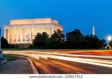 Lincoln Memorial at night with light trail.