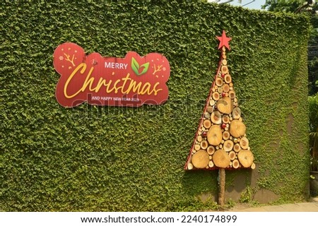Christmas ornaments and greetings on the walls filled with beautiful green vines