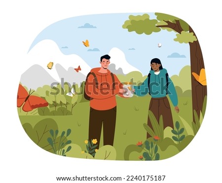 Butterfly in jar at journey. Man and woman caught insect. Scientific expedition explores nature and fauna. Active lifestyle and hiking. Young scientists outdoor. Cartoon flat vector illustration