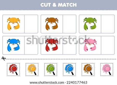 Education game for children cut and match the same color of cute cartoon crab printable underwater worksheet