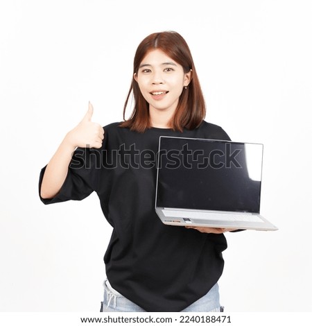 Showing Apps or Ads On Laptop Blank Screen Of Beautiful Asian Woman Isolated On White Background