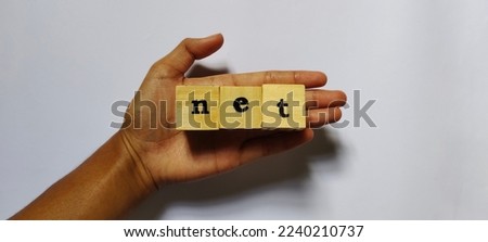 Typography letter "net" with wooden block in hand . Conceptual business illustration isolated on white background.