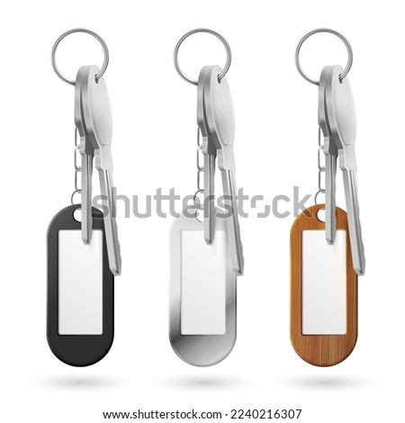 Trinkets, keys bunch, metal, wooden and plastic door clef holders on steel ring set. Oval keychains accessories or pendants isolated on white background. Realistic 3d vector illustration, mock up