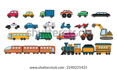 Vector illustration hand drawn set of transportation vehicle car and trains icons Royalty-Free Stock Photo #2240225425