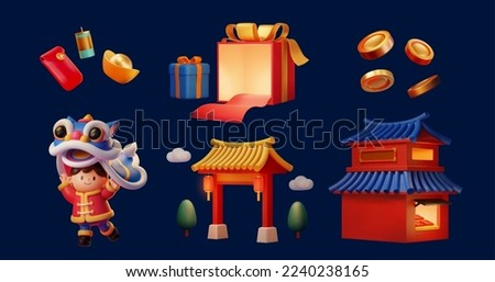 3D illustration of cny elements include asian child performing lion dance, dissected giftbox with red carpet rolling out, coins, gold ingot, red envelope, chinese building and firecracker decoration.