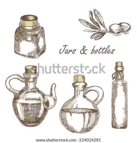 Collection of hand drawn Jars and bottles vintage isolated on white. Vector illustration in sketch style