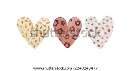 Set of watercolor hearts with different patterns.