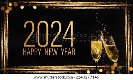 2024 Happy New Year holiday Greeting Card banner - Frame made of golden glitter stripes, bokeh lights and toasting sparkling wine or champagne glasses with year and text on black night texture