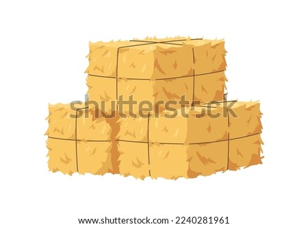 Hay bale, gold dry grass stack tied with rope. Golden straw, bundle, agriculture farm wheat compressed in rectangle shapes with cord. Flat cartoon vector illustration isolated on white background Royalty-Free Stock Photo #2240281961