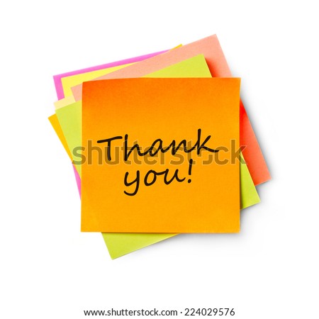 Thank you on adhesive note Adhesive note on white background
