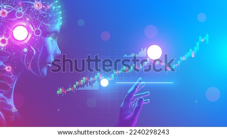 AI in  business, fintech. Face of artificial intelligence with mind looking at trading charts information. neural networks analysis finance economic digital data. Robot trader works stock exchange. Royalty-Free Stock Photo #2240298243