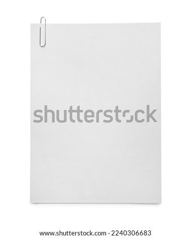 Blank sheets of paper with clip on white background, top view