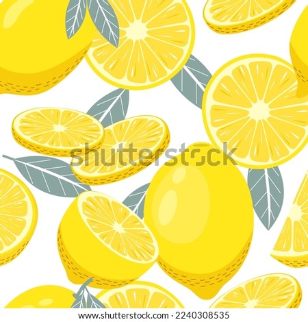 Vector seamless pattern with yellow lemons, lemon slices and halves and leaves. Fruity pattern on a white background in a flat style. Ideal for printing on fabric, wrapping paper, wallpaper, etс. Royalty-Free Stock Photo #2240308535