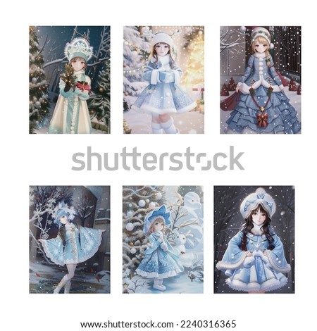 Set of beautiful cute girl Anime New Year theme. Cute Young Girl Japanese anime girl. A manga-style poster. Cute little girl character cartoon portrait, young fashionista art illustration.
