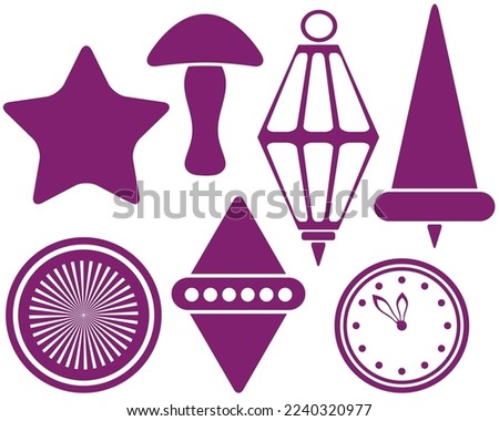 Christmas decorations isolated on white background vector illustration set. Bell, star, clock, mushroom, icicle, searchlight, whirligig