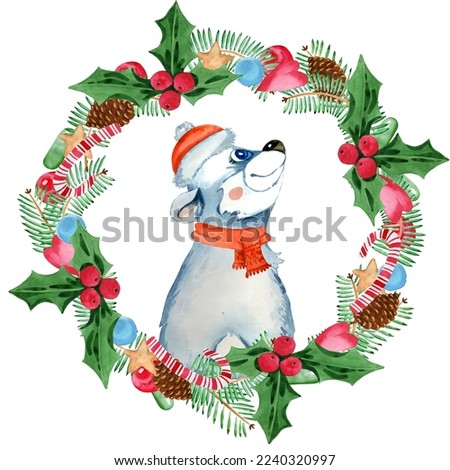 Beautiful christmas stock illustration with hand drawn watercolor cute Christmas polar bear. Winter forest animals. Perfect for tee shirt logo, greeting card, poster, invitation or print design.