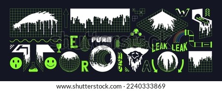 Trendy Y2K set of decorative liquid leakage and fluid forms. Silhouettes of spreading liquid, smudges and splashes on a 3D perspective grid. Retrofuturistic vector stickers and design elements