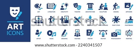 Art icon set. Containing literature, architecture, sculpture, artist, exhibition, painting, music, design and museum icons. Solid icon collection. Royalty-Free Stock Photo #2240341507